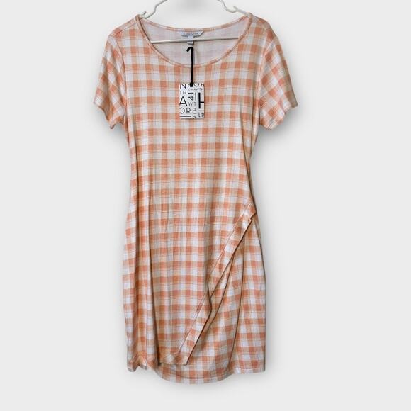 41 Hawthorn Faux Wrap Peach Plaid Short Sleeve Casual Dress Size Large NWT - Picture 1 of 5
